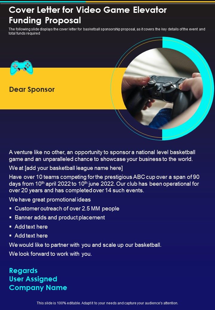 Cover Letter For Video Game Elevator Funding Proposal One Pager Sample Example Document Slide01