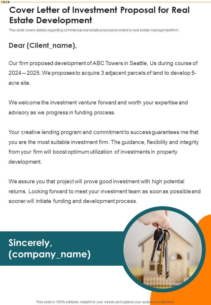 Cover Letter Of Investment Proposal For Real Estate Development One Pager Sample Example Document Slide01
