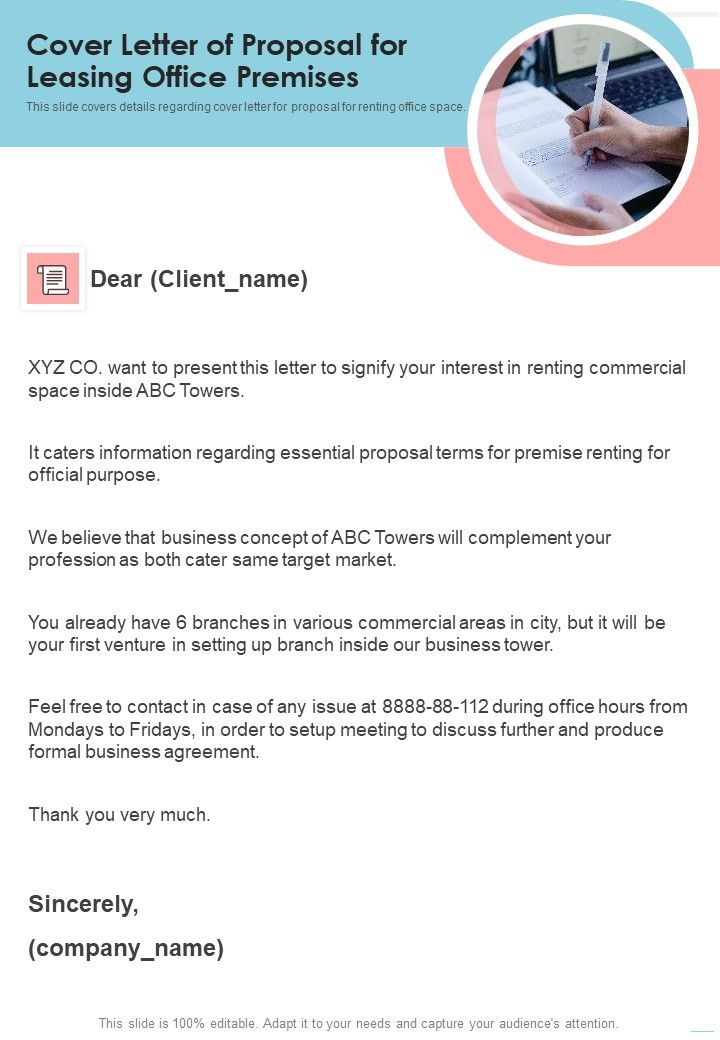 Cover Letter Of Proposal For Leasing Office Premises One Pager Sample Example Document Slide01