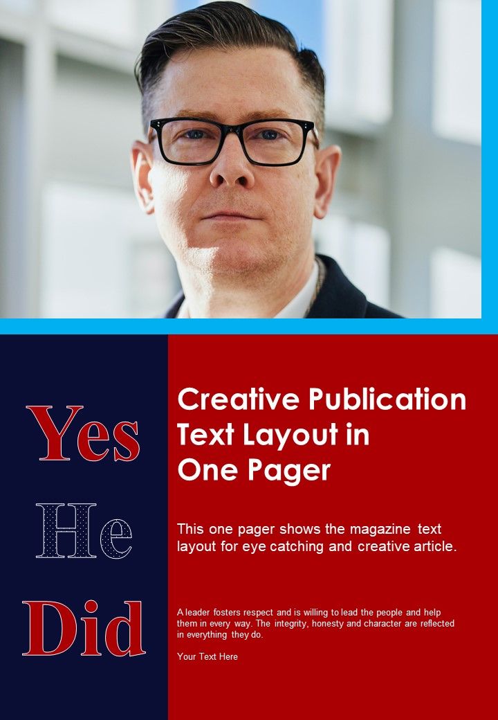 Creative Publication Text Layout In One Pager PDF Document PPT Template Slide01