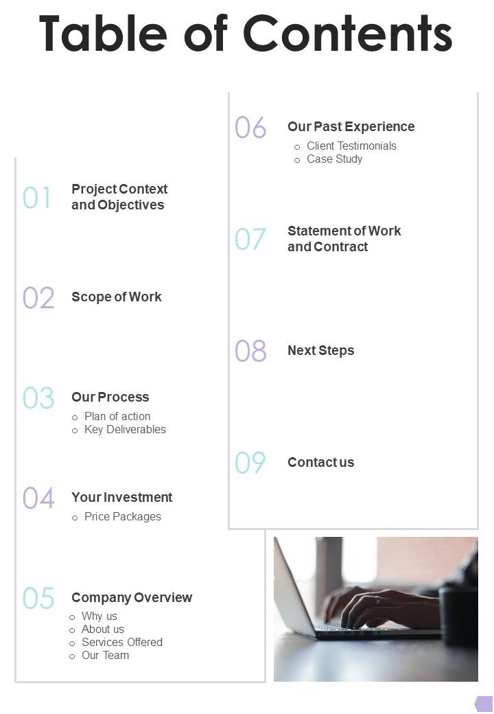 Debt Management Process Proposal Table Of Contents One Pager Sample Example Document Slide01