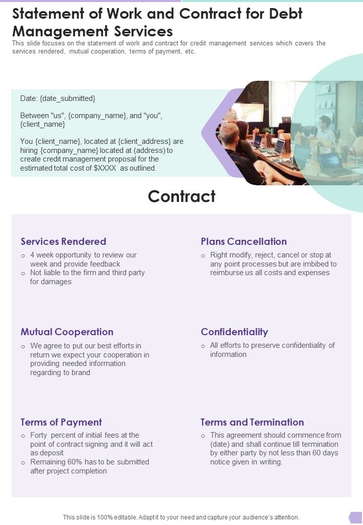Debt Management Process Statement Of Work And Contract For Debt Management Services One Pager Sample Example Document Slide01