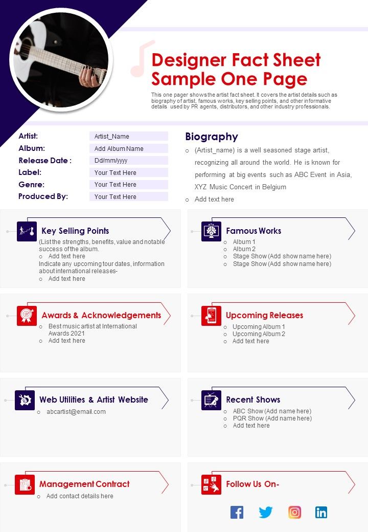 Designer Fact Sheet Sample One Page PDF Document PPT Template Slide01