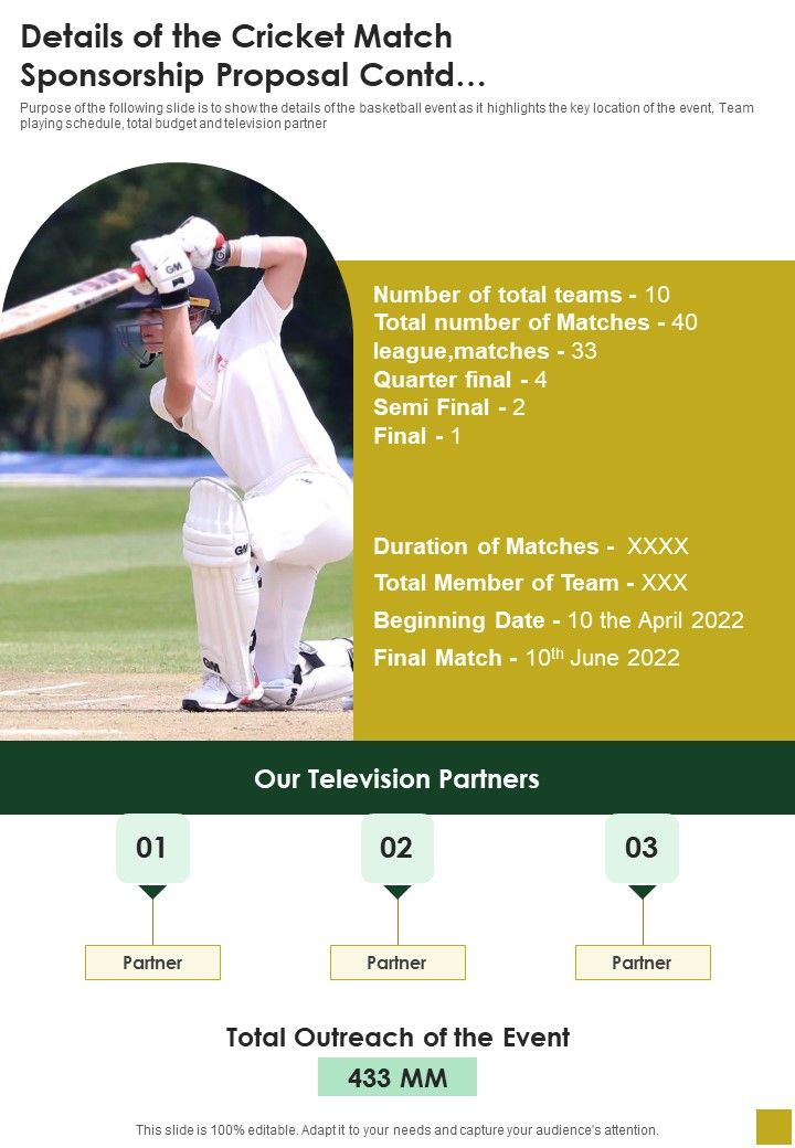 Details Of The Cricket Match Sponsorship Proposal One Pager Sample Example Document
