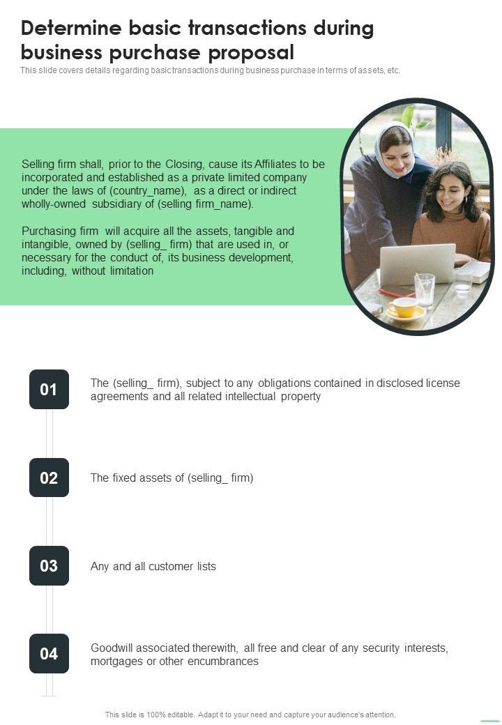Determine Basic Transactions During Business Purchase Proposal One Pager Sample Example Document Slide01