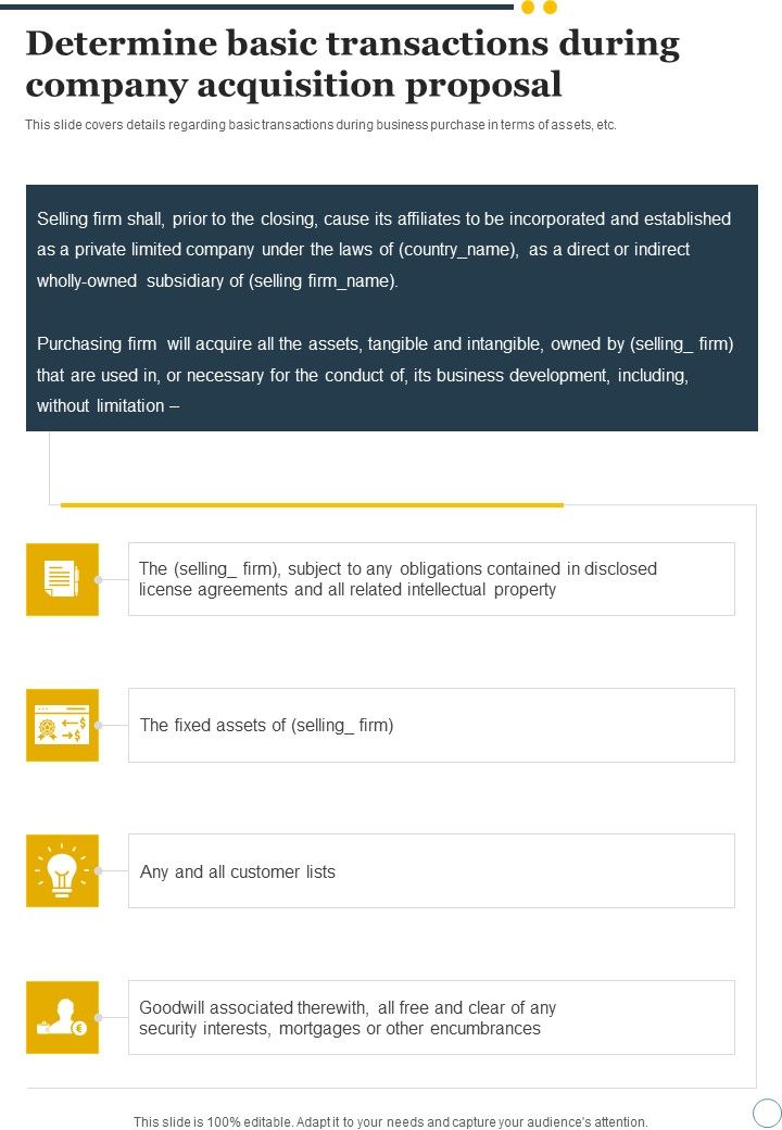 Determine Basic Transactions During Company Acquisition Proposal One Pager Sample Example Document Slide01