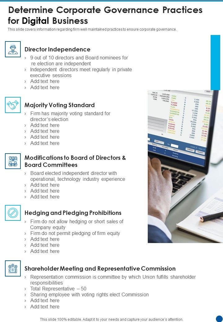 Determine Corporate Governance Practices For Digital Business One Pager Documents Slide01