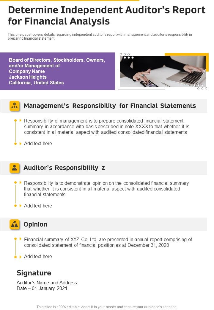 Determine Independent Auditors Report For Financial Analysis Template 28 One Pager Documents Slide01