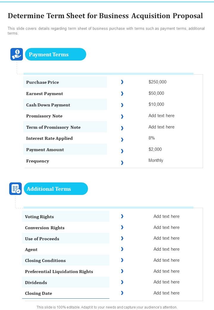 Determine Term Sheet For Business Acquisition Proposal One Pager Sample Example Document Slide01