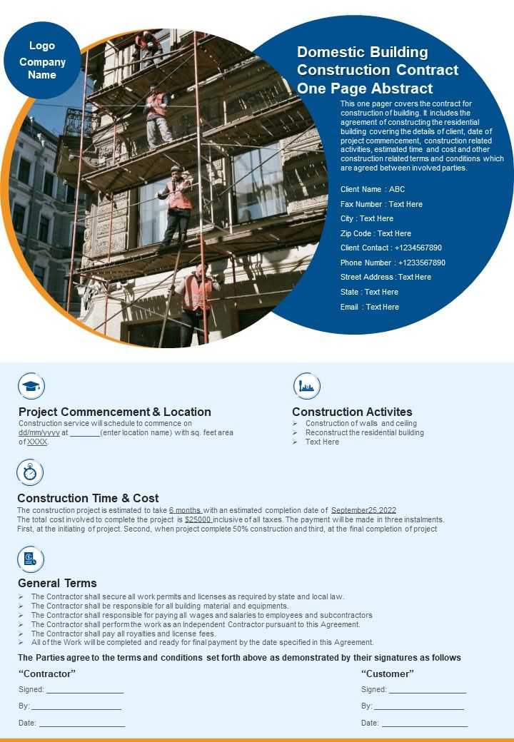 Domestic Building Construction Contract One Page Abstract PDF Document PPT Template Slide01