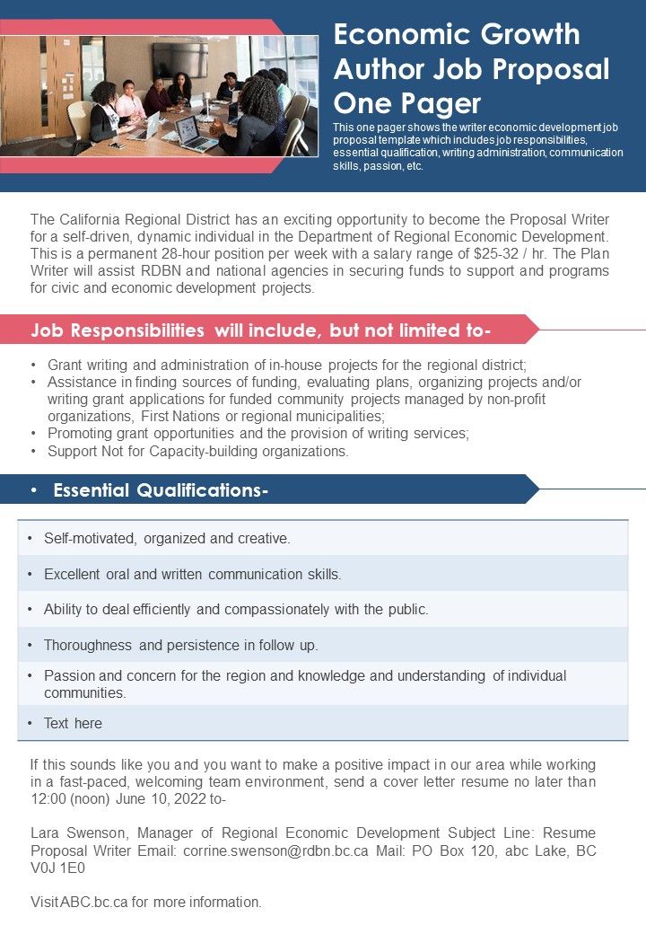 Economic Growth Author Job Proposal One Pager PDF Document PPT Template Slide01