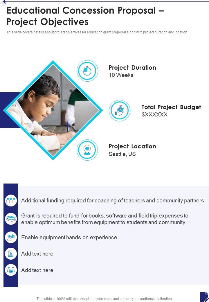 Educational Concession Proposal Project Objectives One Pager Sample Example Document Slide01