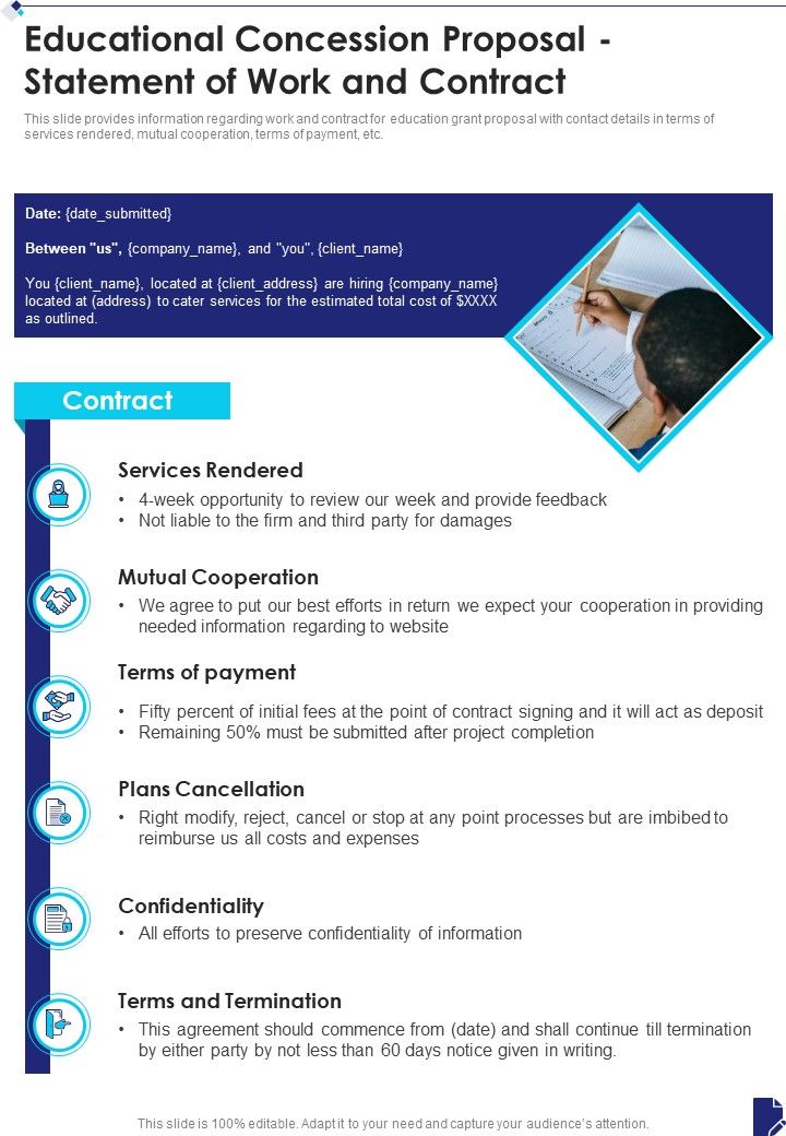 Educational Concession Proposal Statement Of Work And Contract One Pager Sample Example Document Slide01