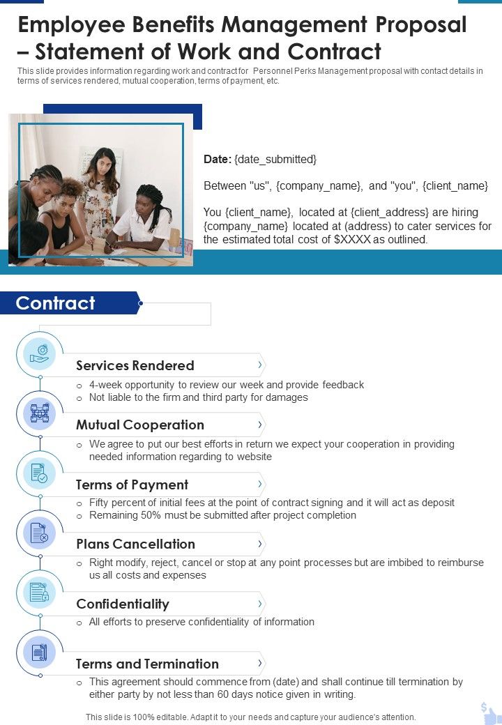 Employee Benefits Management Proposal Statement Of Work And Contract One Pager Sample Example Document Slide01