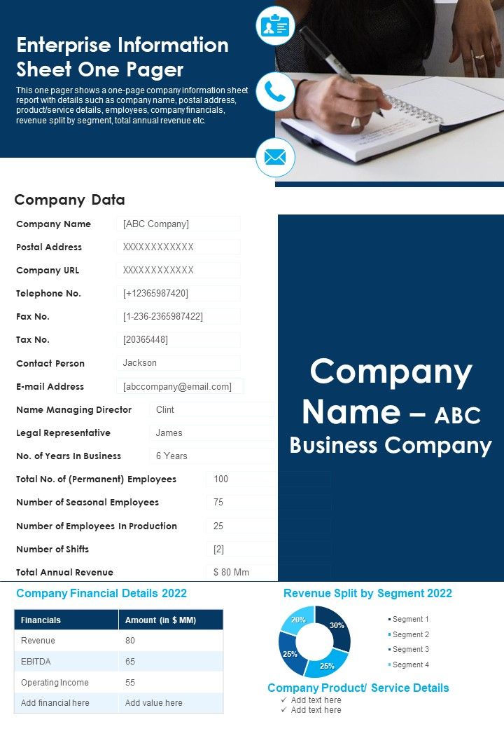 Enterprise Information Sheet One Pager PDF Document PPT Template Slide01