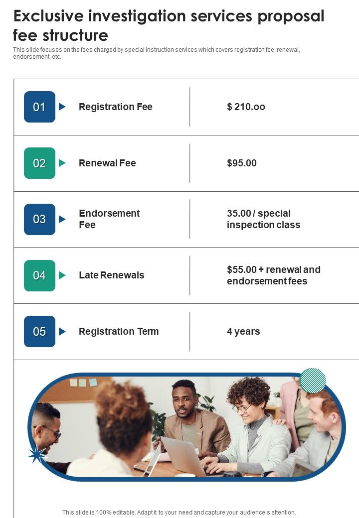 Exclusive Investigation Services Proposal Fee Structure One Pager Sample Example Document Slide01
