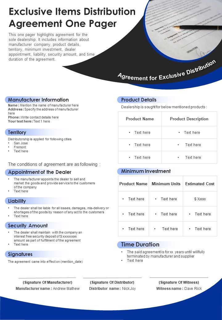 Exclusive Items Distribution Agreement One Pager PDF Document PPT Template Slide01