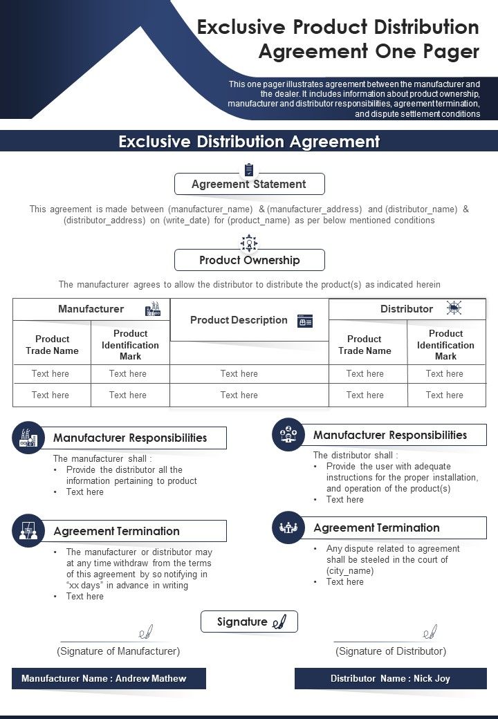 Exclusive Product Distribution Agreement One Pager PDF Document PPT Template Slide01