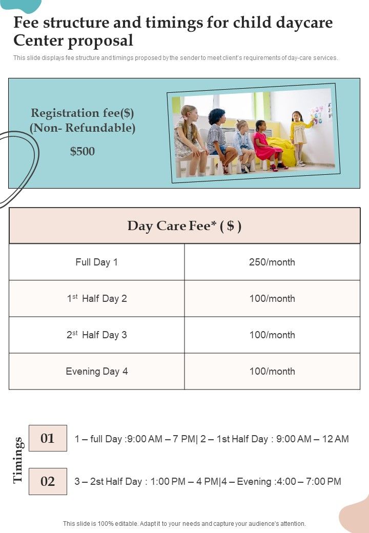 Fee Structure And Timings For Child Daycare Center Proposal One Pager Sample Example Document Slide01