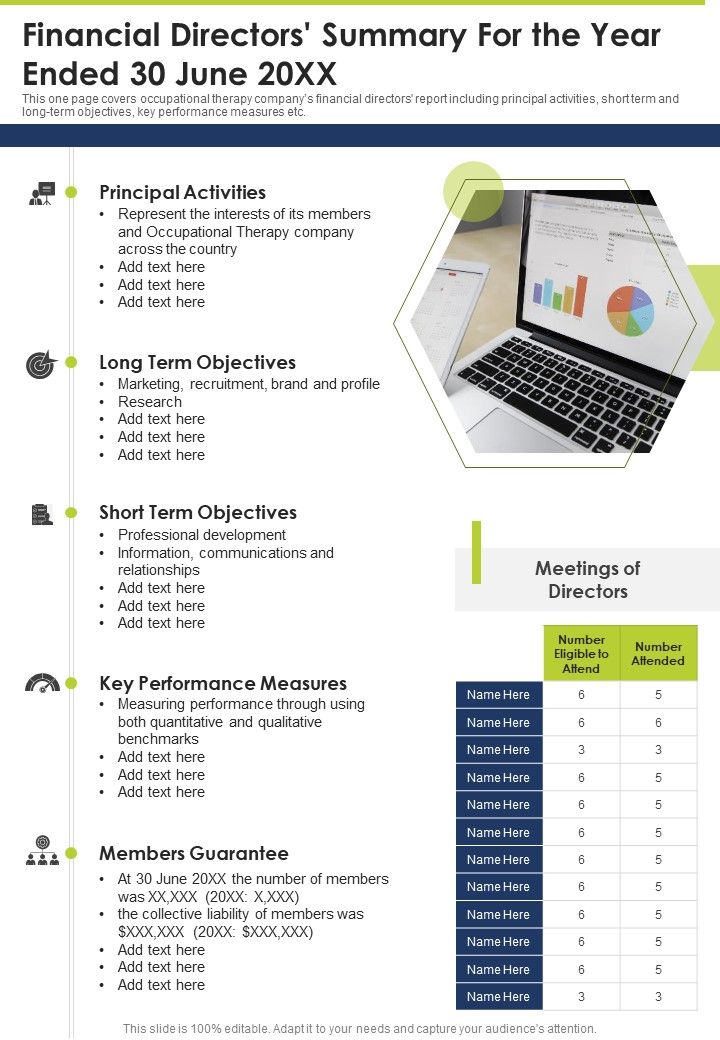 Financial Directors Summary For The Year Ended 30 June 20XX One Pager Documents Slide01