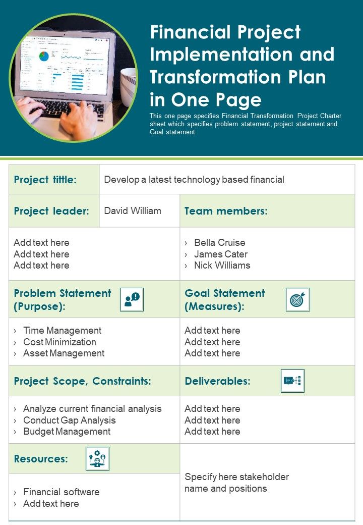Financial Project Implementation And Transformation Plan In One Page PDF Document PPT Template Slide01