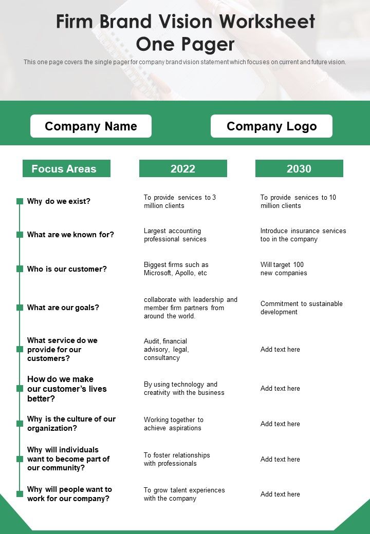 Firm Brand Vision Worksheet One Pager PDF Document PPT Template Slide01