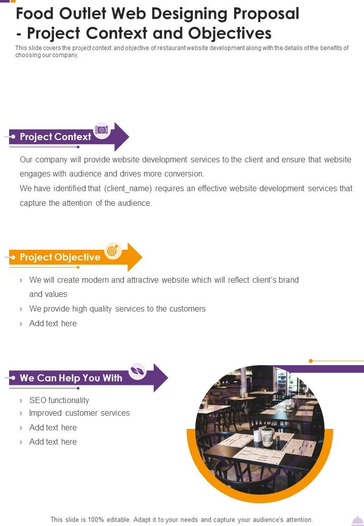 Food Outlet Web Designing Proposal Project Context And Objectives One Pager Sample Example Document Slide01