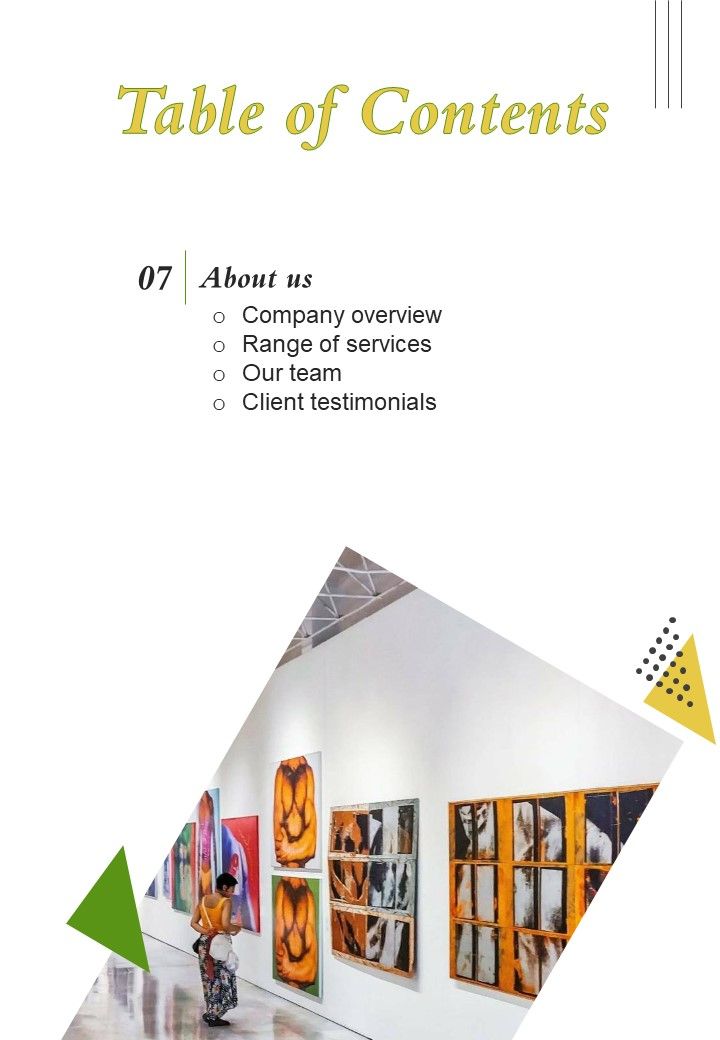 Gallery Exhibition Proposal Table Of Contents One Pager Sample Example Document Slide01