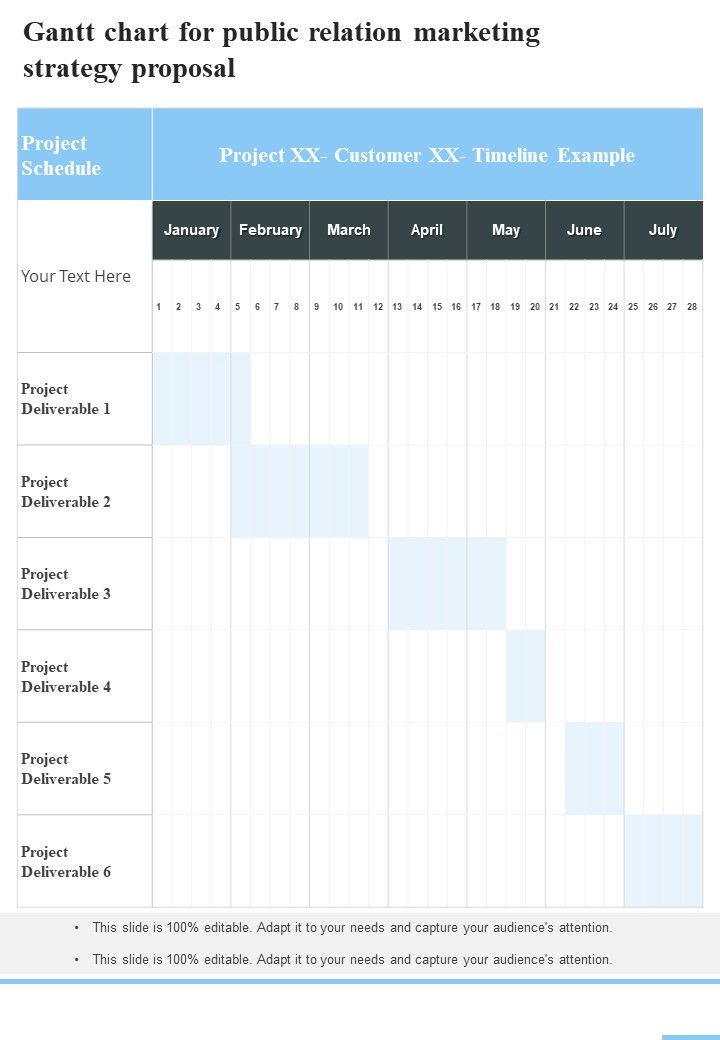 Gantt Chart For Public Relation Marketing Strategy Proposal One Pager Sample Example Document Slide01