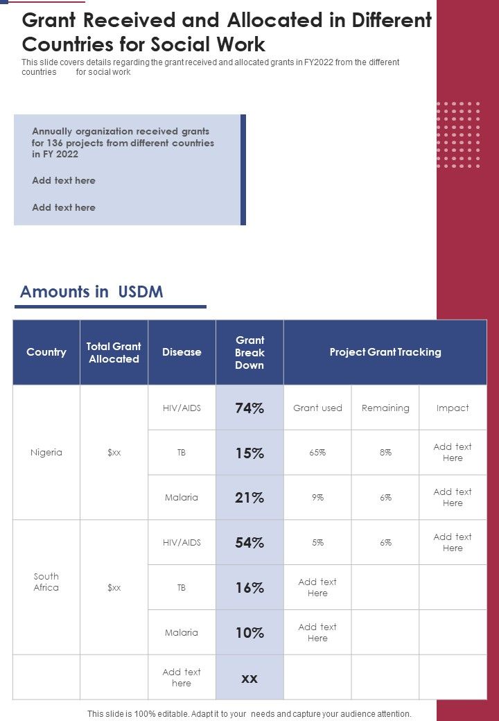 Grant Received And Allocated In Different Countries For Social Work One Pager Documents Slide01