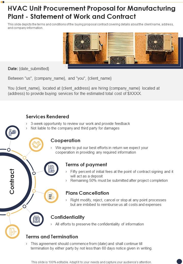 HVAC Unit Procurement Proposal For Manufacturing Plant Statement Of Work And Contract One Pager Sample Example Document Slide01