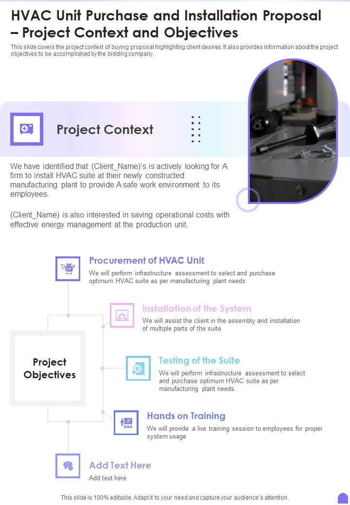 HVAC Unit Purchase And Installation Proposal Project Context And Objectives One Pager Sample Example Document Slide01