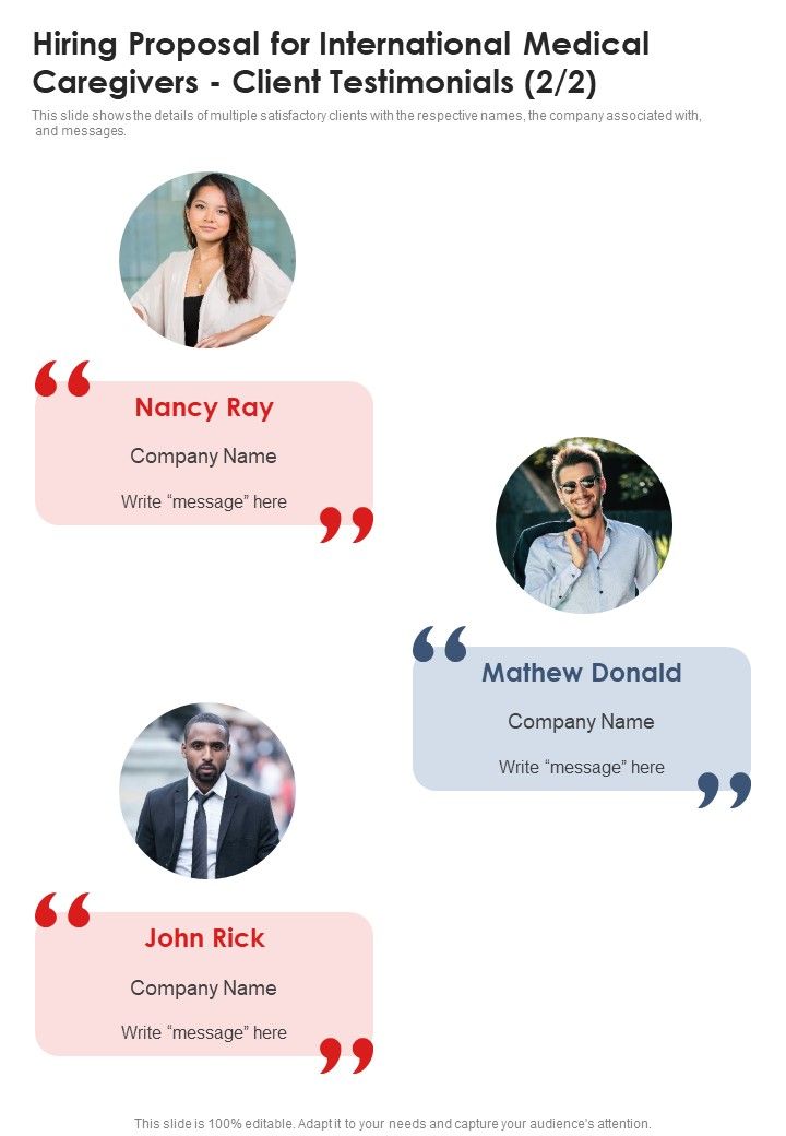 Hiring Proposal For International Medical Caregivers Client Testimonials One Pager Sample Example Document