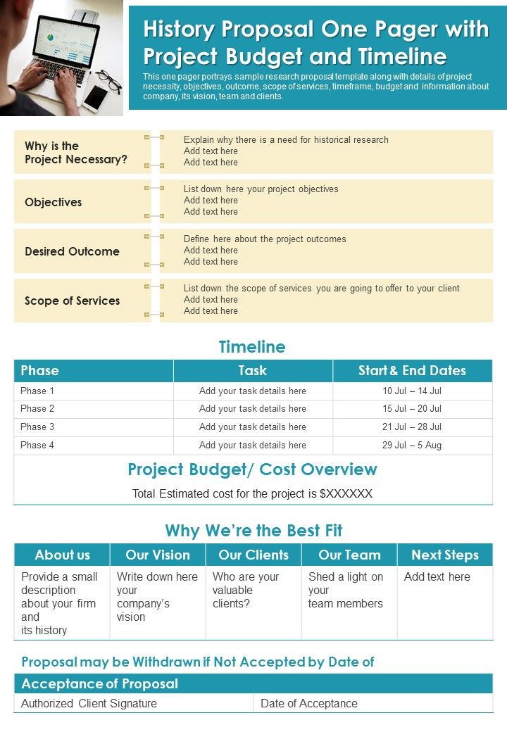 History Proposal One Pager With Project Budget And Timeline PDF Document PPT Template Slide01