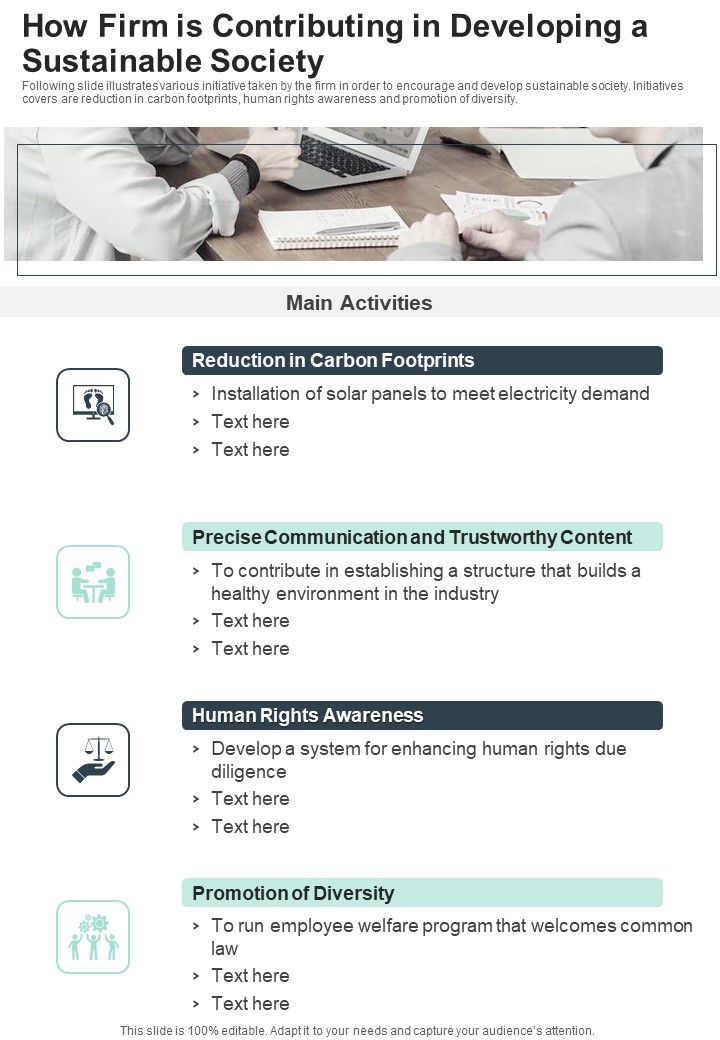 How Firm Is Contributing In Developing A Sustainable Society One Pager Documents Slide01