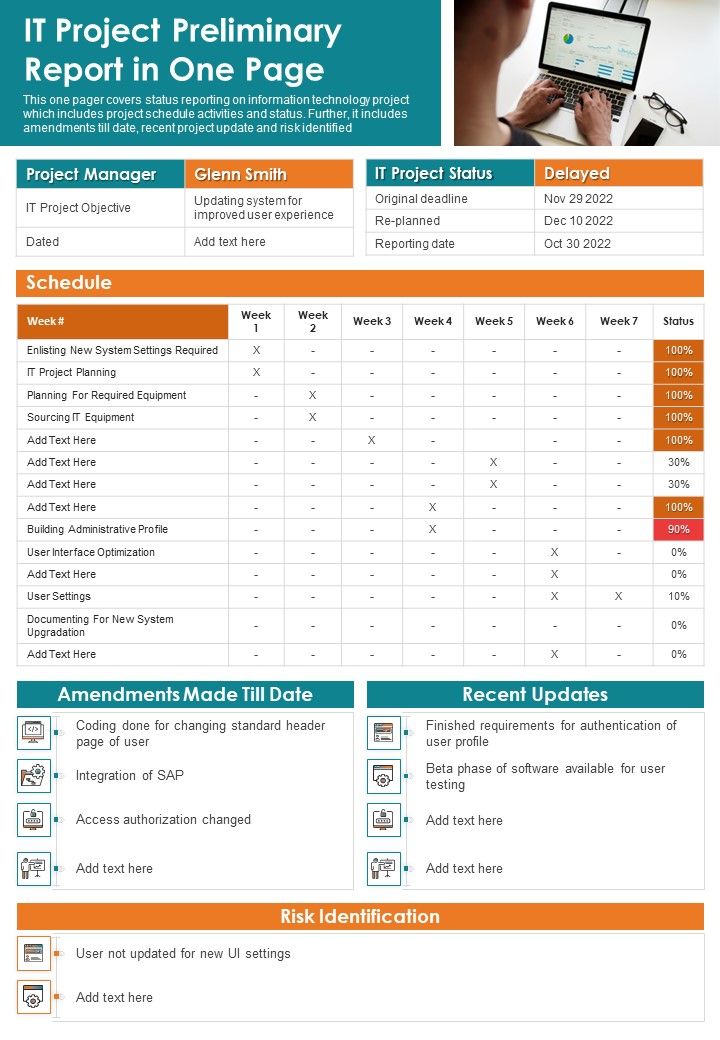 IT Project Preliminary Report In One Page PDF Document PPT Template Slide01