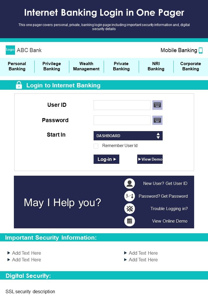 Internet Banking Login In One Pager PDF Document PPT Template Slide01