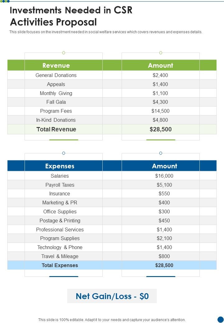 Investments Needed In CSR Activities Proposal One Pager Sample Example Document Slide01