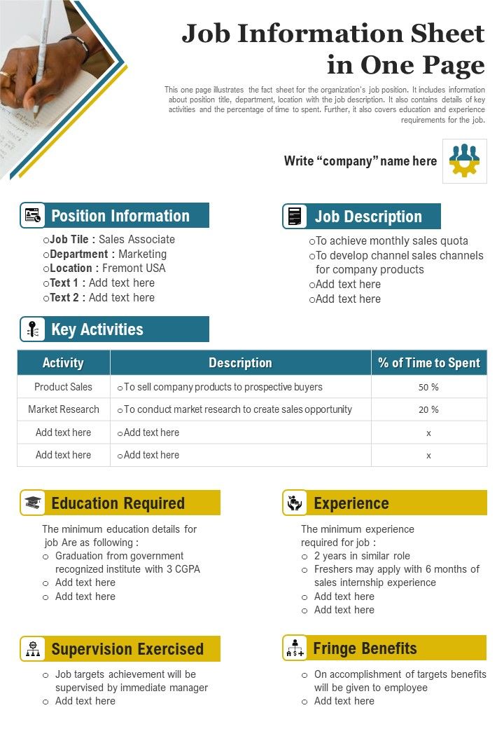 Job Information Sheet In One Page PDF Document PPT Template Slide01