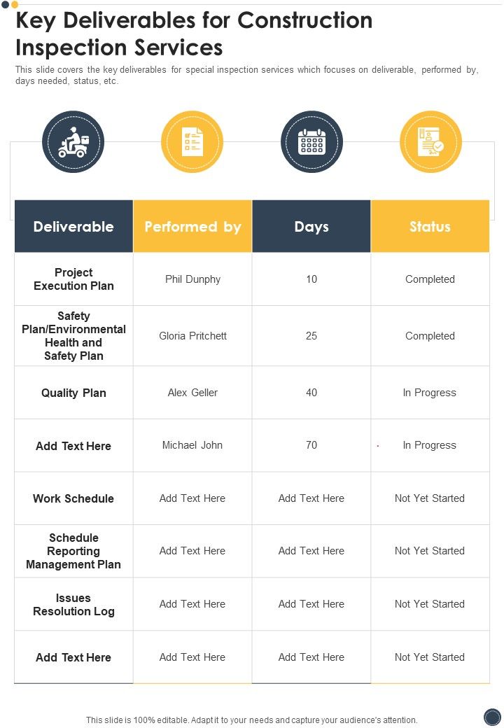 Key Deliverables For Construction Inspection Services One Pager Sample Example Document Slide01