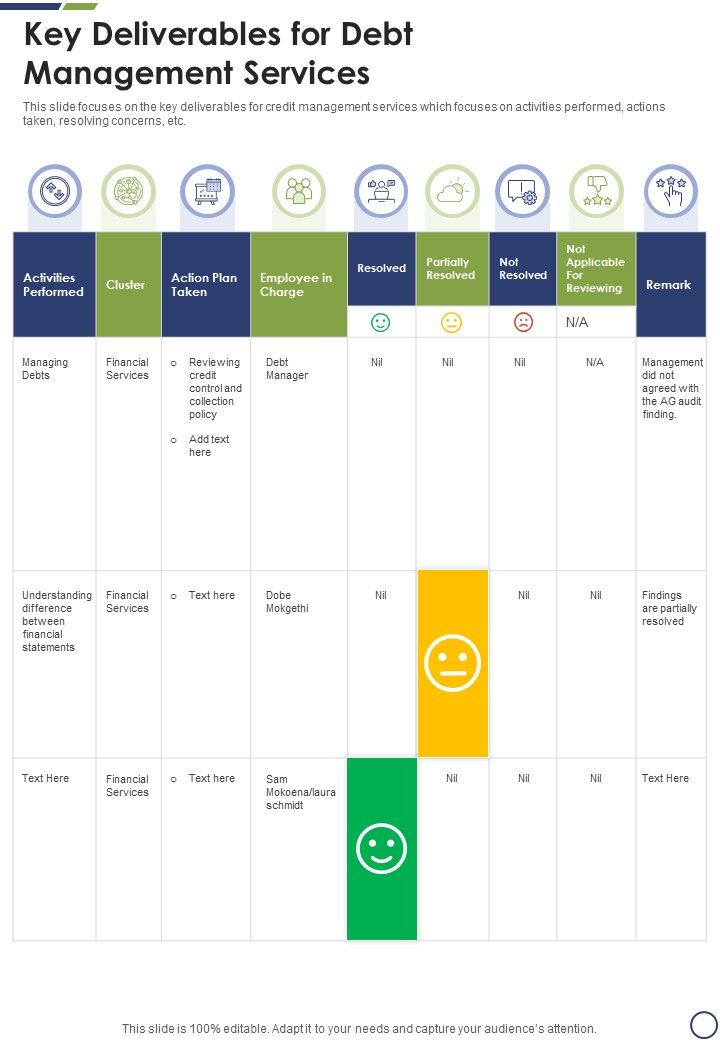 Key Deliverables For Debt Management Services One Pager Sample Example Document Slide01