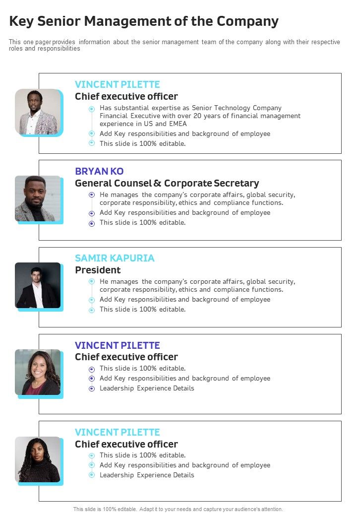Key Senior Management Of The Company One Pager Documents Slide01