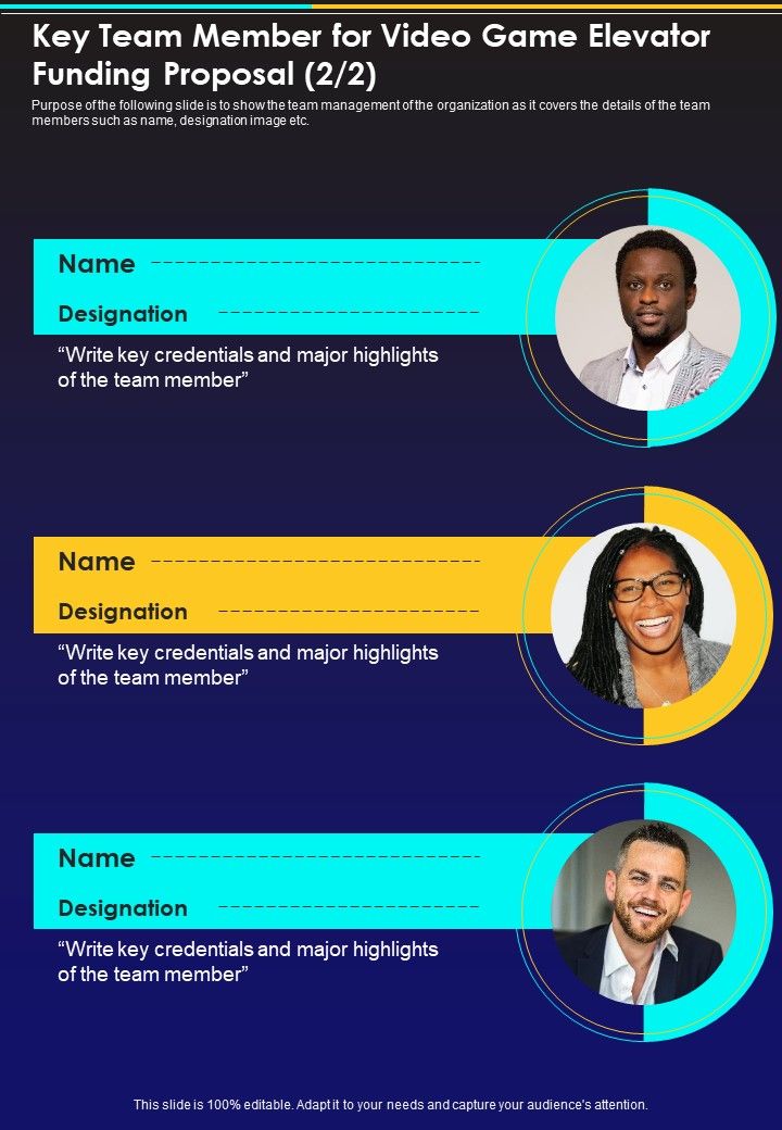 Key Team Member For Video Game Elevator Funding Proposal One Pager Sample Example Document