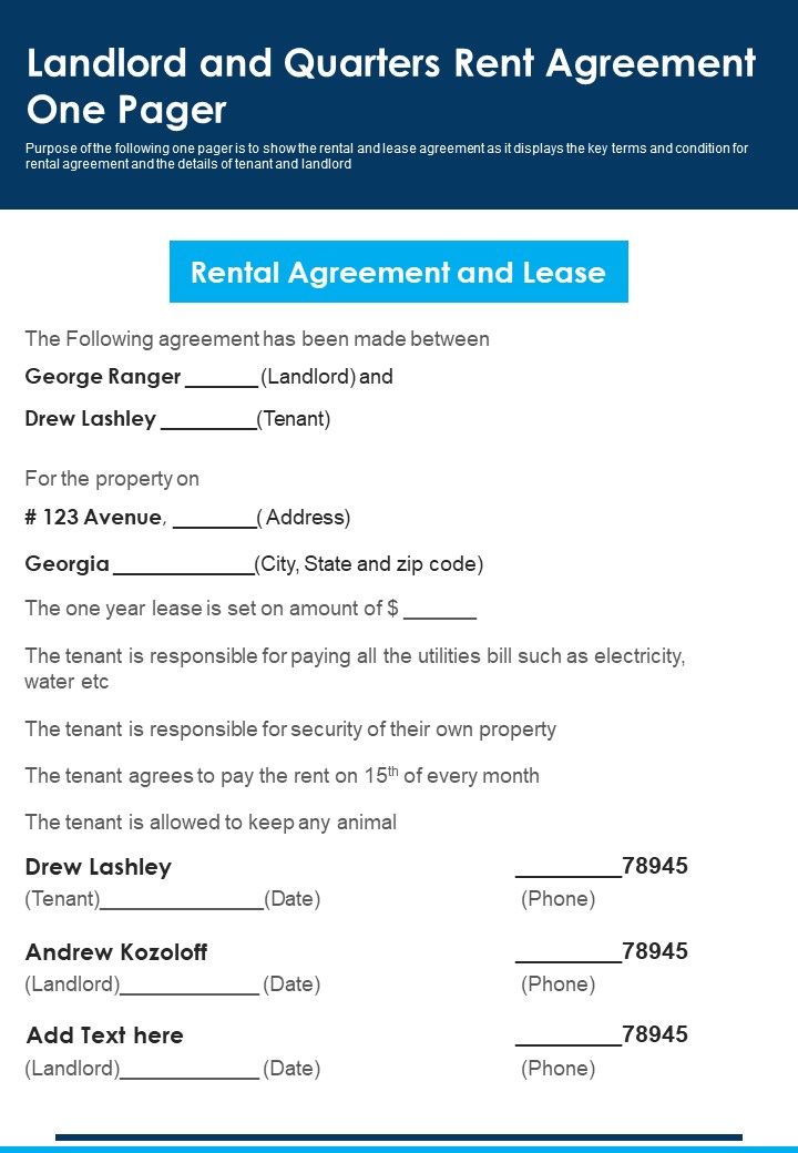 Landlord And Quarters Rent Agreement One Pager PDF Document PPT Template Slide01