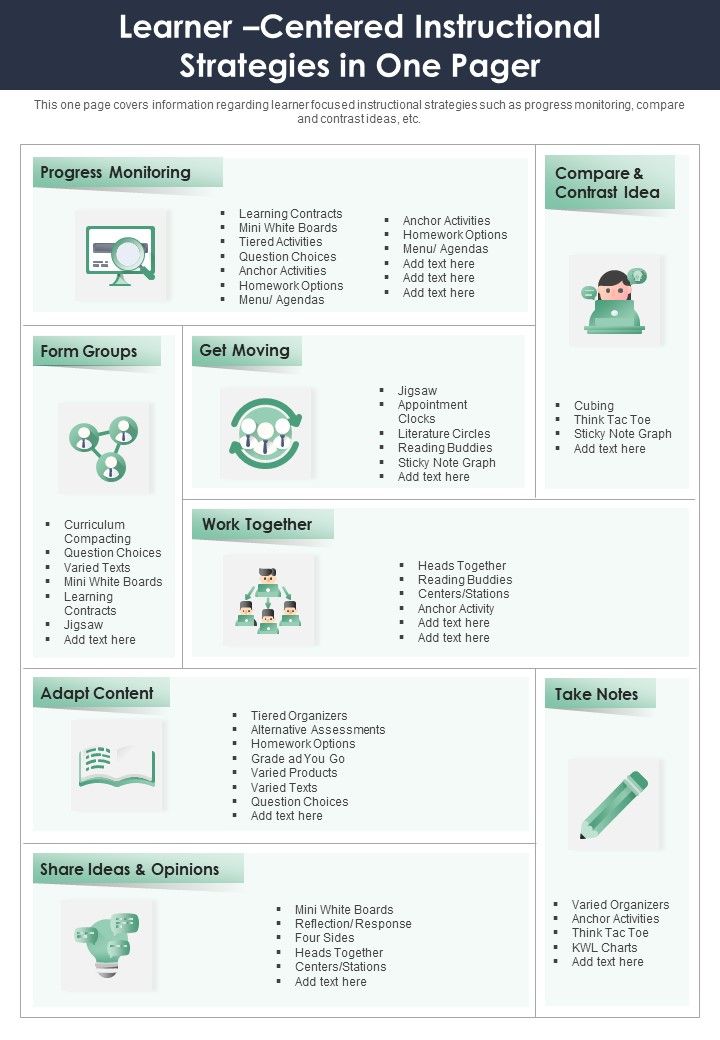 Learner Centered Instructional Strategies In One Pager PDF Document PPT Template Slide01