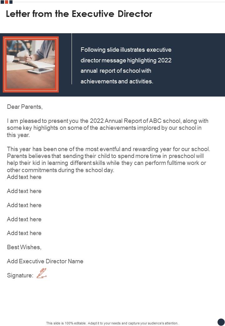 Letter From The Executive Director Template 73 One Pager Documents Slide01
