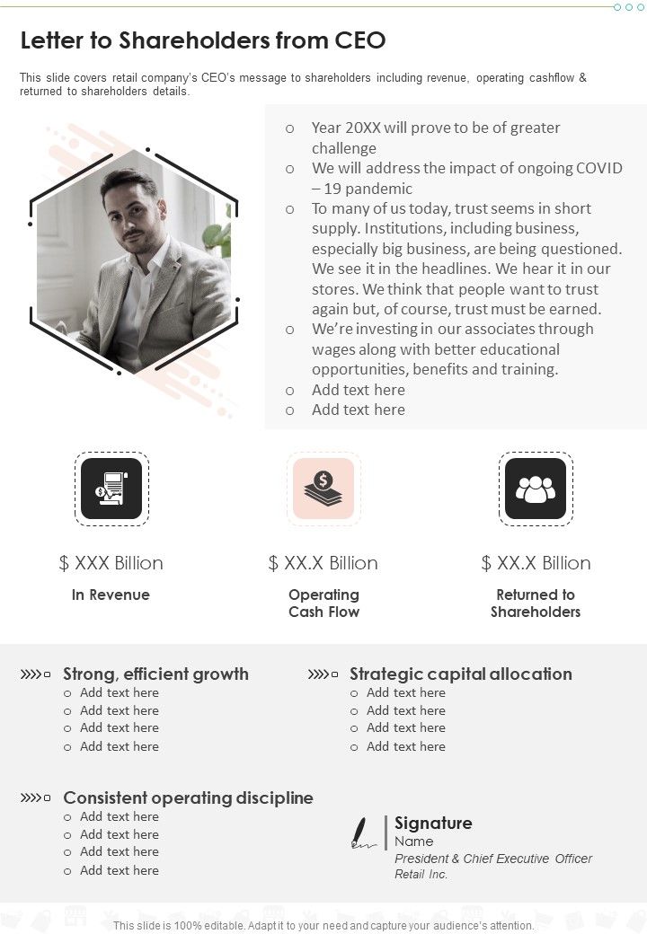 Letter To Shareholders From CEO One Pager Documents Slide01