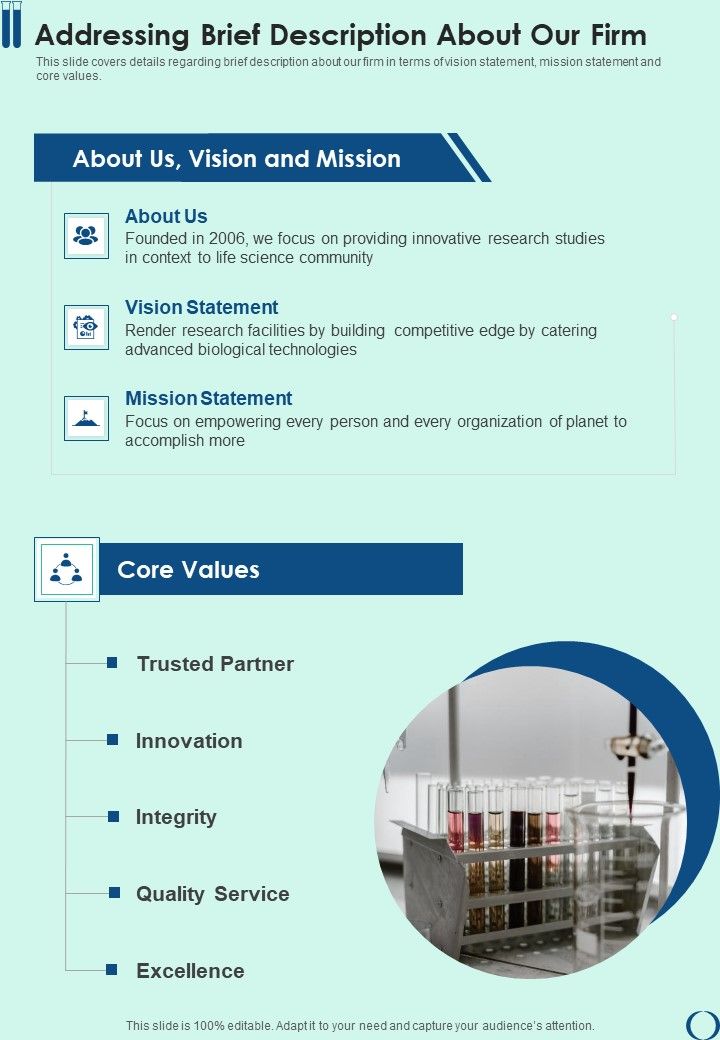 Life Science Assessment Project Addressing Brief Description About Our Firm One Pager Sample Example Document Slide01