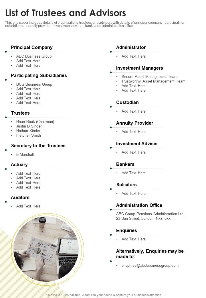List Of Trustees And Advisors One Pager Documents Slide01