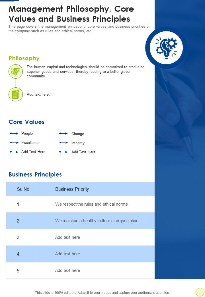 Management Philosophy Core Values And Business Principles One Pager Documents Slide01